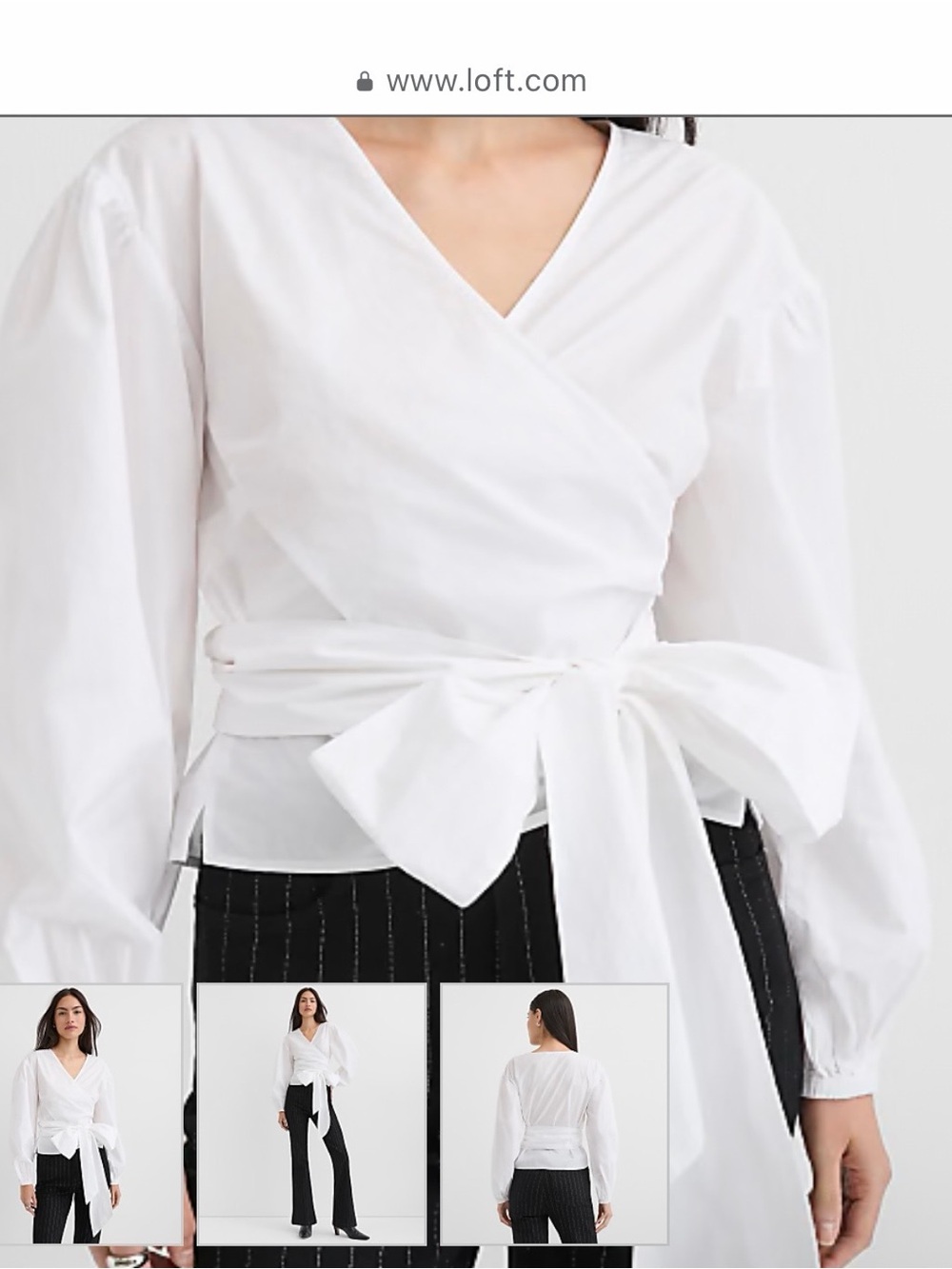 LOFT White Wrap Tie-Waist Blouse with Balloon Sleeves